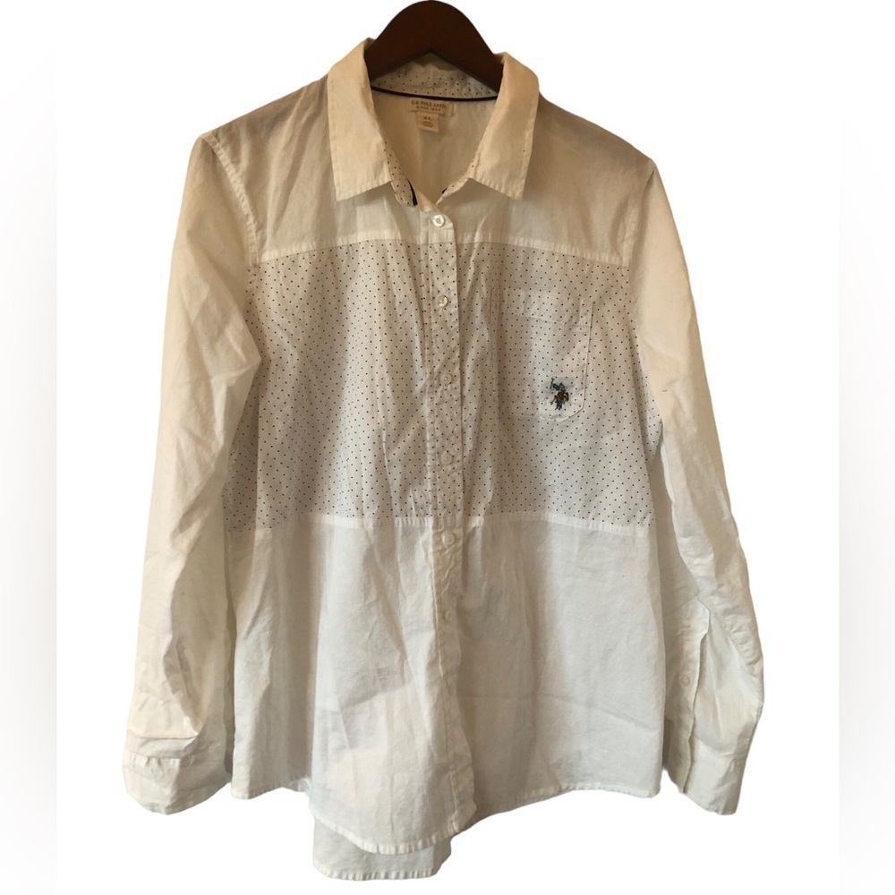 Vintage White polo button up shirt polka dot Coastal Grandma Preppy Old Money - Picture 3 of 7
